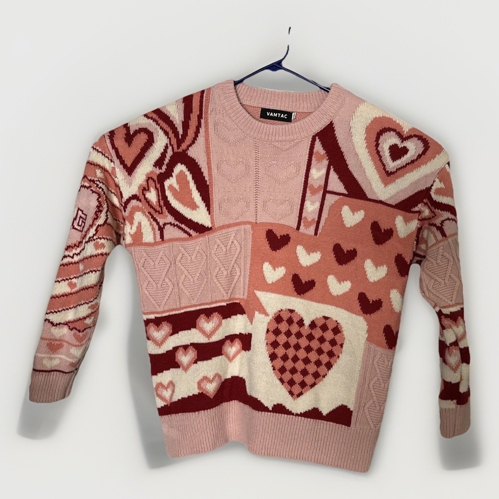 Vamtac Sweater Pullover L/S Womens Small Oversized Pink Hearts Love Holiday Warm